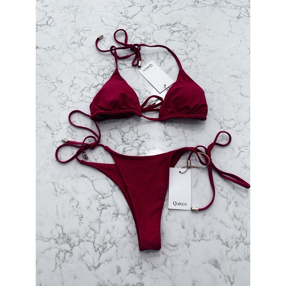 NWT Quince Cherry Red Italian Triangle Bikini Top & Adjustable Side Tie Bottom S